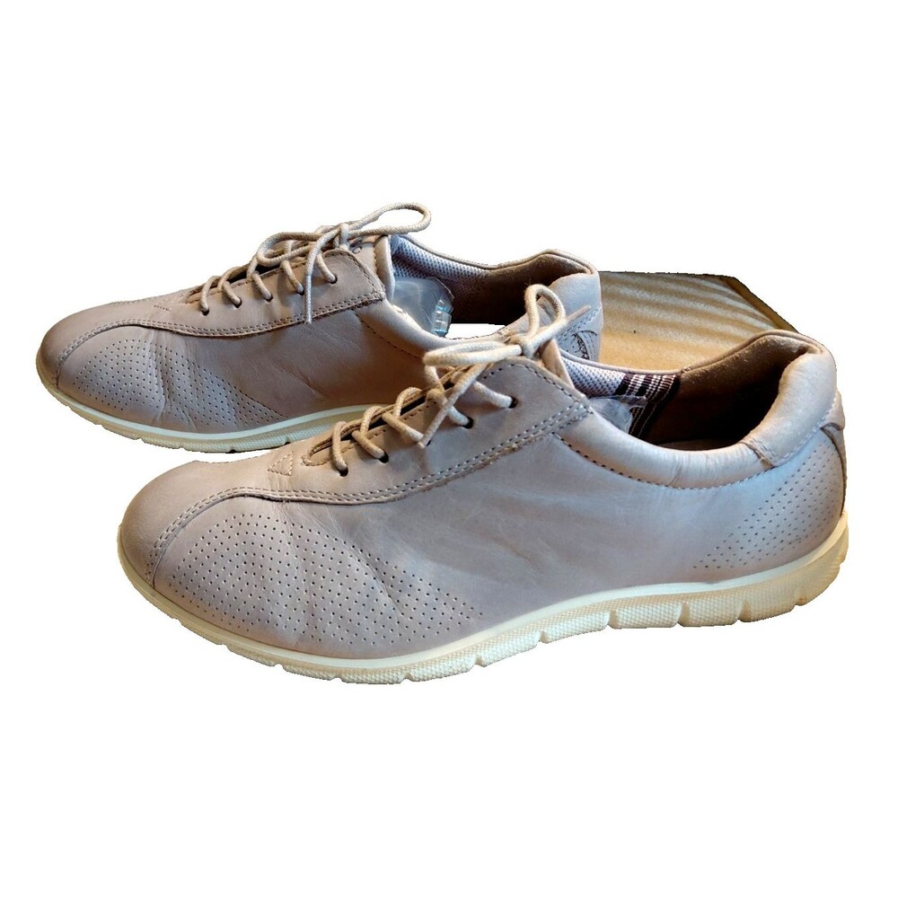 ECCO Womens 38 Leather Lace Up Walking Shoes Taupe Beige Comfort Sneakers US 7.5
